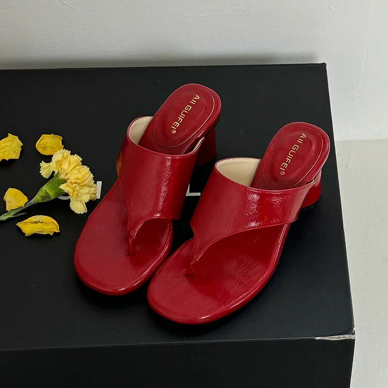 Red Footwear Fashion Round Heels Ladies Slippers Female Flip flops Elegant Women Heeled Slippers Sandals Slides Shoes Pumps
