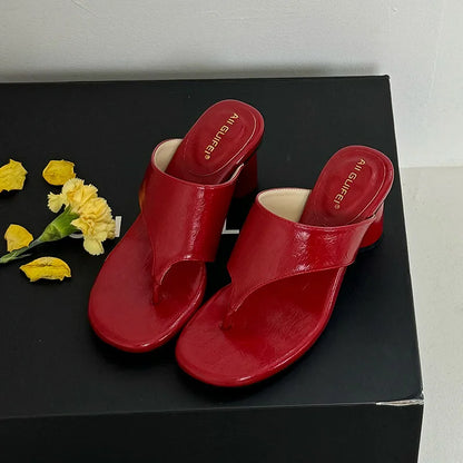 Red Footwear Fashion Round Heels Ladies Slippers Female Flip flops Elegant Women Heeled Slippers Sandals Slides Shoes Pumps