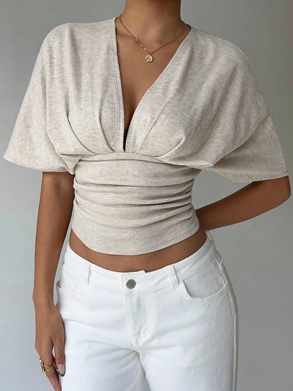 Women's Summer Apricot Deep V-Fold Short Sleeve Tight fitting Women's T-shirt