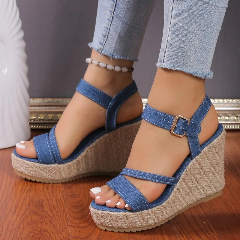 2025 Summer NewPlus-size Wedge Sandal Lady Cowboy Simple Commuting Muffin Bottom Summer Slope with Sandals Women High Heels