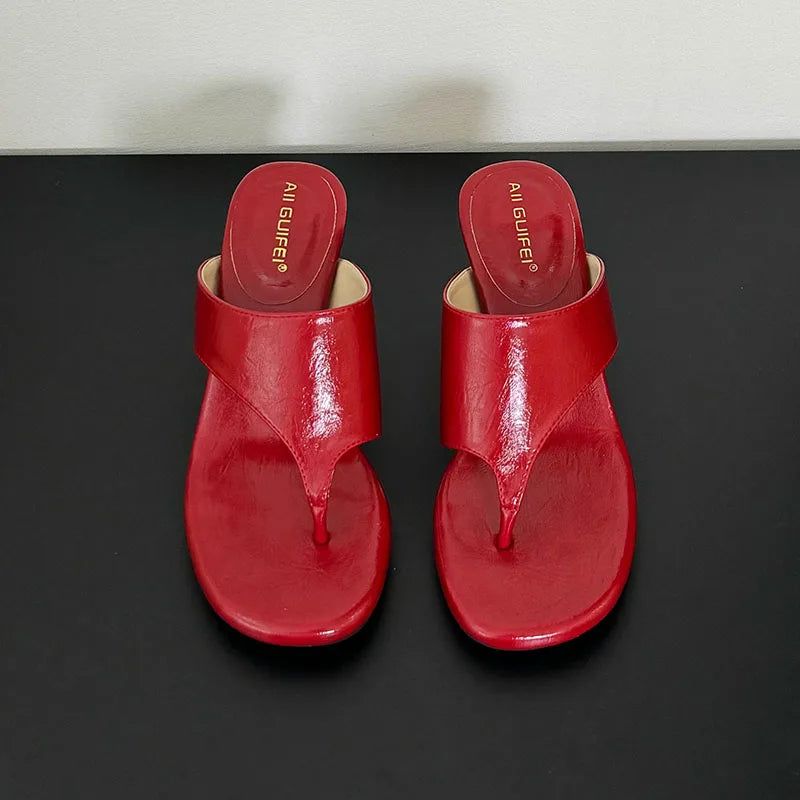 Red Footwear Fashion Round Heels Ladies Slippers Female Flip flops Elegant Women Heeled Slippers Sandals Slides Shoes Pumps