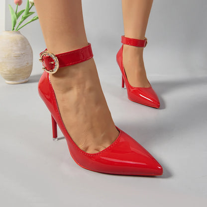 Aphixta Crystals Gold Buckle Strap Pimps Red Black High Stiletto Heels Pumps Women Party Shoes Pointed Toe Size 50