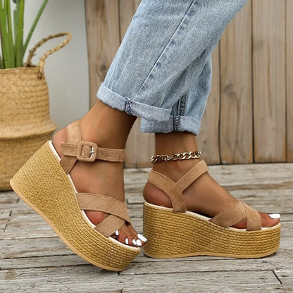 Fashion Wedge Sandals for Women Summer 2025 New Casual Non-slip Peep Toe Platform Shoes Rubber Sole Buckle Elegant Heels Women