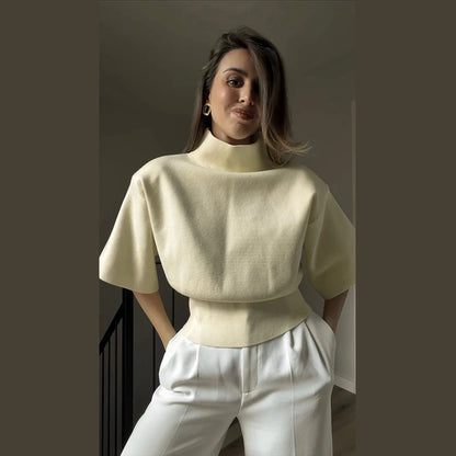 Knitted Half Sleeve Casual T-shirt Women Stand Collar Loose All-match Female T-shirts 2026 Spring Summer Street Tops Pullover