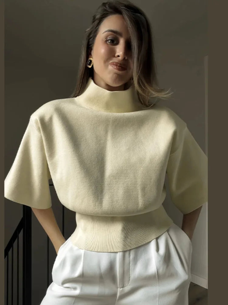 Knitted Half Sleeve Casual T-shirt Women Stand Collar Loose All-match Female T-shirts 2026 Spring Summer Street Tops Pullover