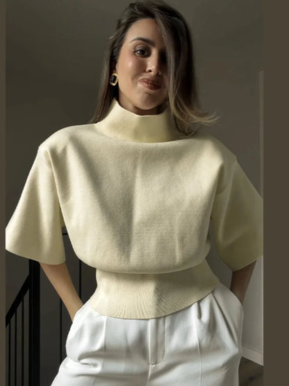 Knitted Half Sleeve Casual T-shirt Women Stand Collar Loose All-match Female T-shirts 2026 Spring Summer Street Tops Pullover