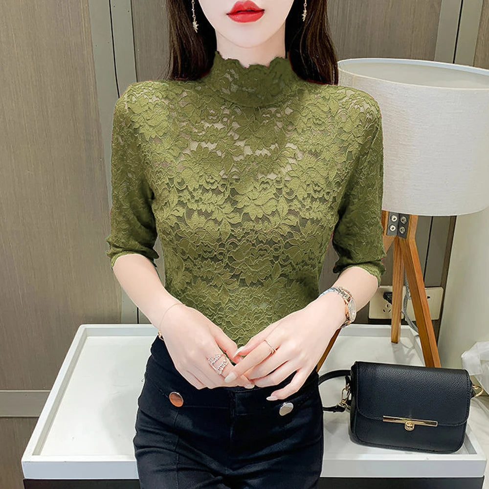 Women Stretch Turtleneck Petal Sleeve Shirt Women Blue Green White Black Flowers Lace T Shirt Ladies S-2XL Tops Fashion Ladies