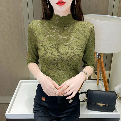 Women Stretch Turtleneck Petal Sleeve Shirt Women Blue Green White Black Flowers Lace T Shirt Ladies S-2XL Tops Fashion Ladies