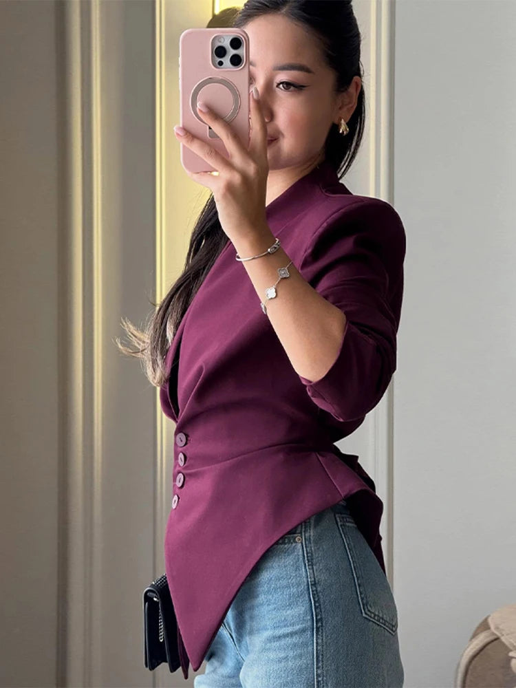 Slim Lace Up Asymmetrical Blazer Women Chic V-neck Single Breasted Full Sleeve Jacket Female 2026 Spring Summer Lady Coat