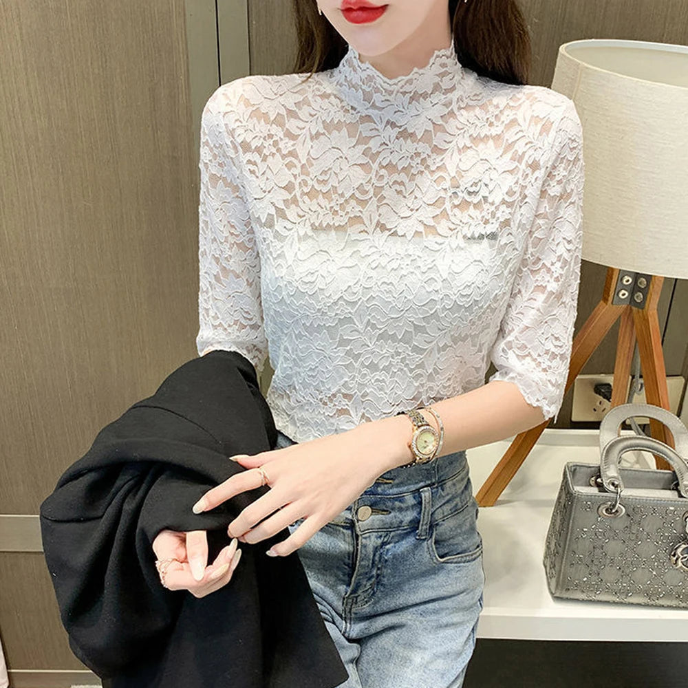 Women Stretch Turtleneck Petal Sleeve Shirt Women Blue Green White Black Flowers Lace T Shirt Ladies S-2XL Tops Fashion Ladies