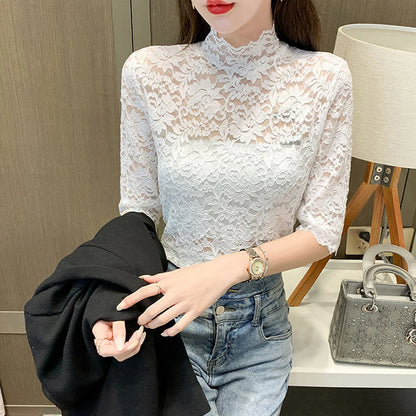 Women Stretch Turtleneck Petal Sleeve Shirt Women Blue Green White Black Flowers Lace T Shirt Ladies S-2XL Tops Fashion Ladies