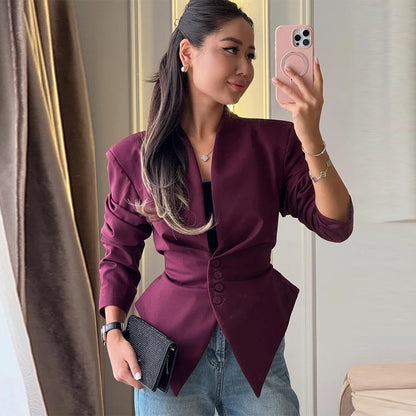 Slim Lace Up Asymmetrical Blazer Women Chic V-neck Single Breasted Full Sleeve Jacket Female 2026 Spring Summer Lady Coat