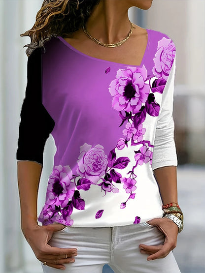 Plus Size 2024 Summer New Women's Printed Pattern Slash Neck Long Sleeve T-Shirt Loose Casual Polyester 3XL-5XL