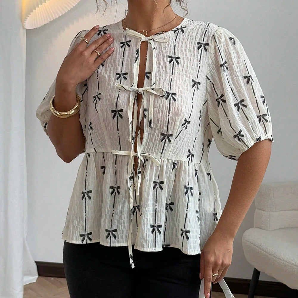 Plus Size Spring/Summer New Arrivals Romantic Holiday Bow-Pattern Puff Sleeve Tie-Front Blouse Casual Wear