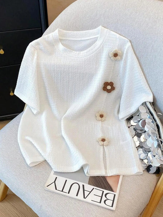 【Plus Size】 Floral Decor Tee, Casual Crew Neck T-shirt for Daily Wear, Women Plus Clothing for All Seasons, Top