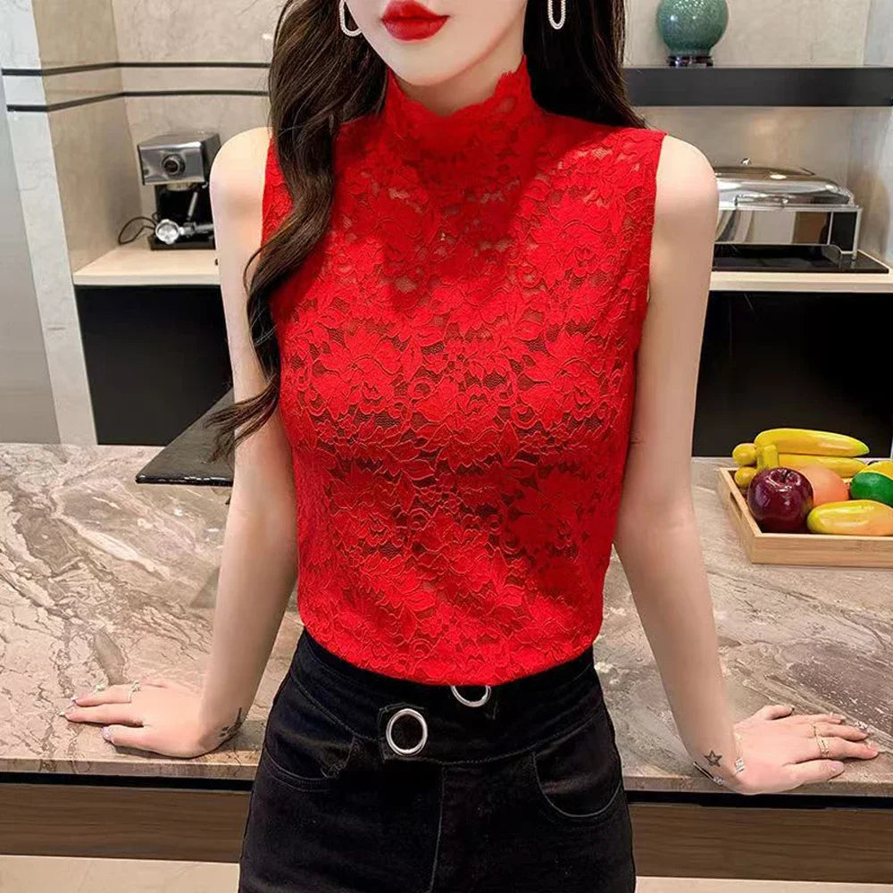 Women Stretch Turtleneck Petal Sleeve Shirt Women Blue Green White Black Flowers Lace T Shirt Ladies S-2XL Tops Fashion Ladies