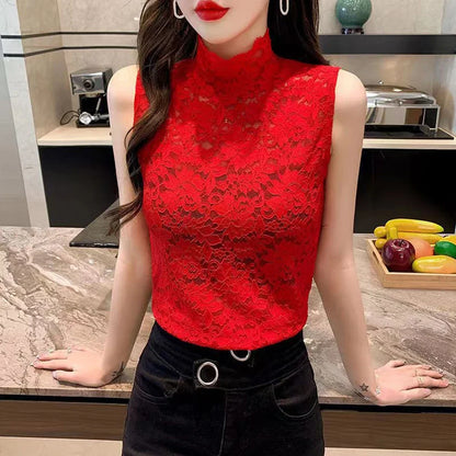 Women Stretch Turtleneck Petal Sleeve Shirt Women Blue Green White Black Flowers Lace T Shirt Ladies S-2XL Tops Fashion Ladies