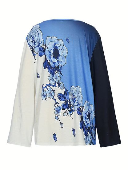Plus Size 2024 Summer New Women's Printed Pattern Slash Neck Long Sleeve T-Shirt Loose Casual Polyester 3XL-5XL