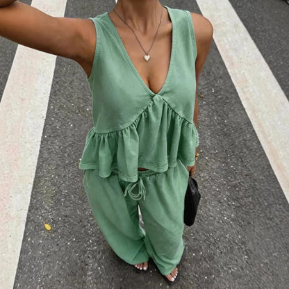 Sexy Deep V Neck Tank Tops Trousers Women 2 Piece Summer New Fashion Splicing Pleated Casual  Waist Lace Up Trousers Set Female