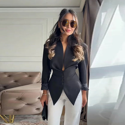 Slim Lace Up Asymmetrical Blazer Women Chic V-neck Single Breasted Full Sleeve Jacket Female 2026 Spring Summer Lady Coat