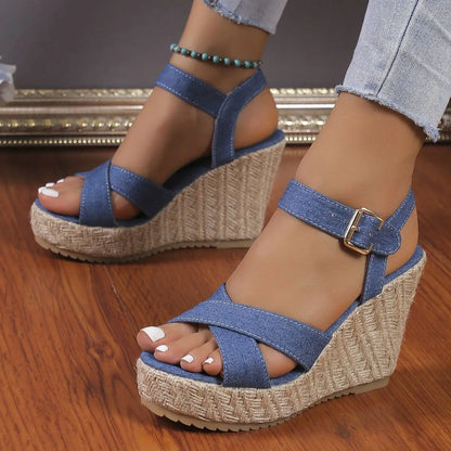 2025 Summer NewPlus-size Wedge Sandal Lady Cowboy Simple Commuting Muffin Bottom Summer Slope with Sandals Women High Heels