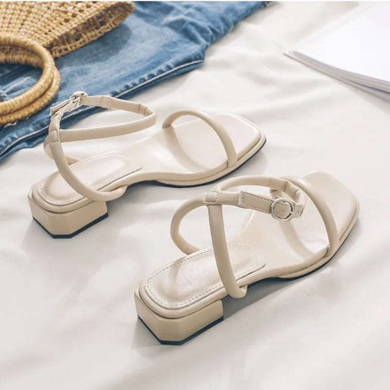 Fashion Womens Shoes 2025 Female Sandal Buckle Mid-Calf Strap Med Block Heels Luxury Peep Girls Beige Medium Chunky Sandals