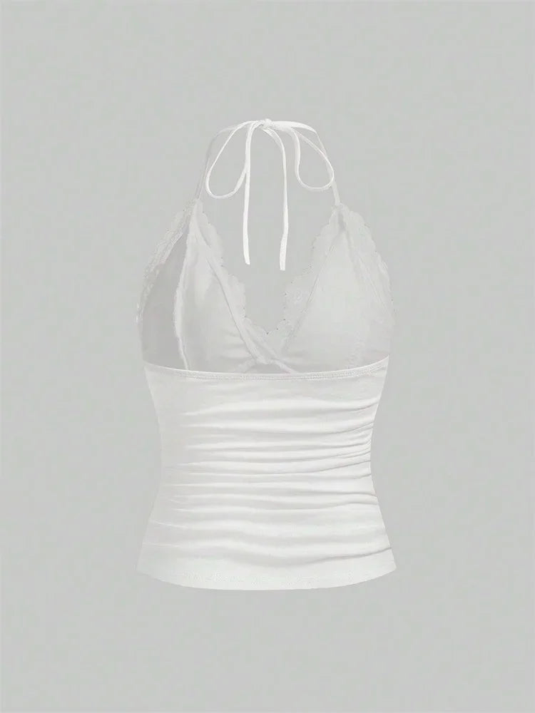 Lace V-neck Halter Top Women Summer Sexy Grunge Punk Goth Backless Ruched Crop Top Cami Top Streetwear Y2K Clothes 2024