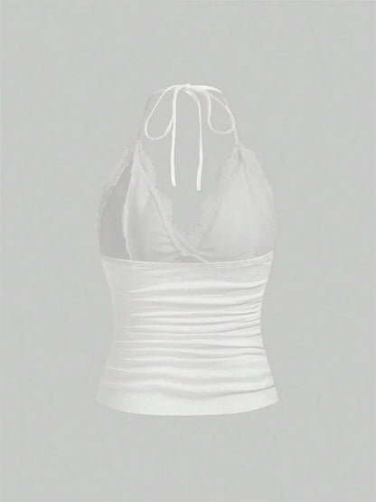 Lace V-neck Halter Top Women Summer Sexy Grunge Punk Goth Backless Ruched Crop Top Cami Top Streetwear Y2K Clothes 2024