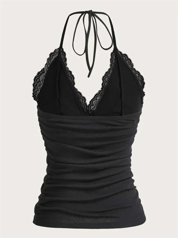 Lace V-neck Halter Top Women Summer Sexy Grunge Punk Goth Backless Ruched Crop Top Cami Top Streetwear Y2K Clothes 2024