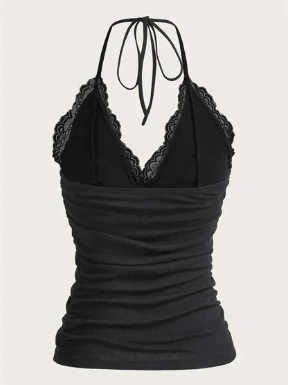 Lace V-neck Halter Top Women Summer Sexy Grunge Punk Goth Backless Ruched Crop Top Cami Top Streetwear Y2K Clothes 2024