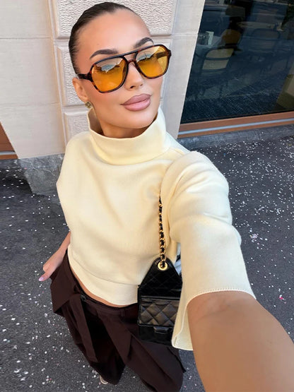 Knitted Half Sleeve Casual T-shirt Women Stand Collar Loose All-match Female T-shirts 2026 Spring Summer Street Tops Pullover