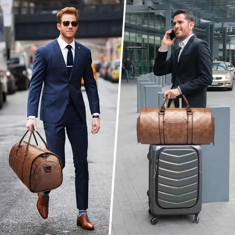 2025 New Men's Large Capacity Leather Waterproof Weekend Travel Business Convertible Suit Bag 2 in 1 Hand Carry-on Luggage Bag