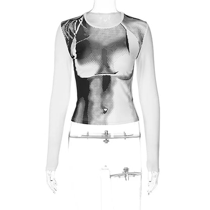 Tie Dye Long Sleeve Crops Tops Crewneck Slim T-shirts Spring Casual Print Tees For Women Y2k 3D Stereoscopic Streetwear Tshirt