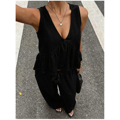 Sexy Deep V Neck Tank Tops Trousers Women 2 Piece Summer New Fashion Splicing Pleated Casual  Waist Lace Up Trousers Set Female