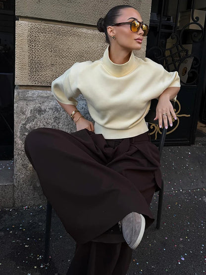Knitted Half Sleeve Casual T-shirt Women Stand Collar Loose All-match Female T-shirts 2026 Spring Summer Street Tops Pullover