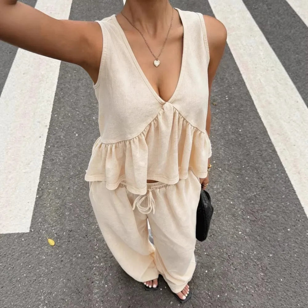 Sexy Deep V Neck Tank Tops Trousers Women 2 Piece Summer New Fashion Splicing Pleated Casual  Waist Lace Up Trousers Set Female