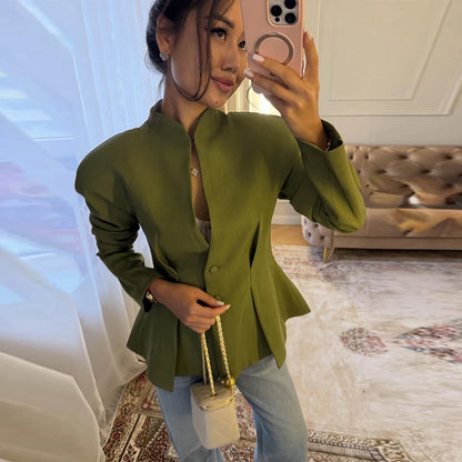 Slim Lace Up Asymmetrical Blazer Women Chic V-neck Single Breasted Full Sleeve Jacket Female 2026 Spring Summer Lady Coat