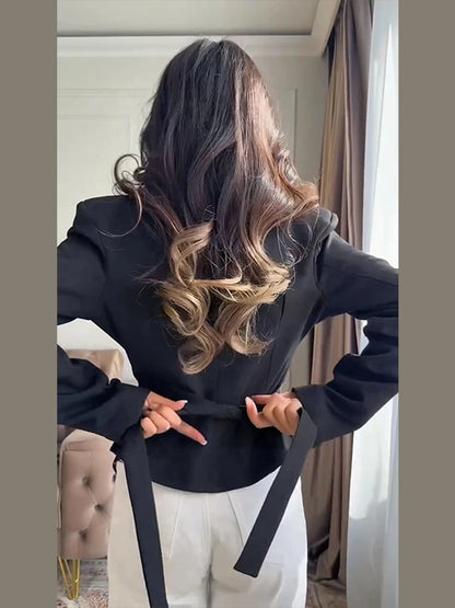 Slim Lace Up Asymmetrical Blazer Women Chic V-neck Single Breasted Full Sleeve Jacket Female 2026 Spring Summer Lady Coat