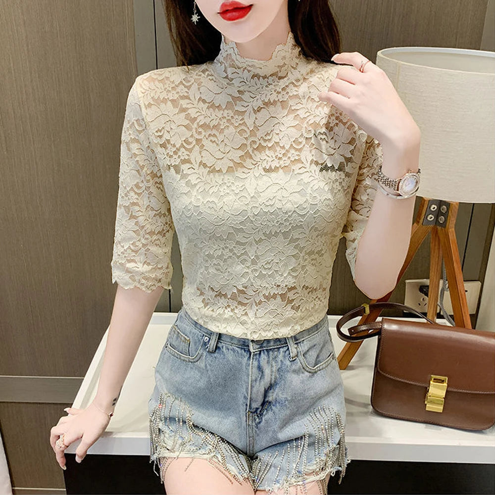Women Stretch Turtleneck Petal Sleeve Shirt Women Blue Green White Black Flowers Lace T Shirt Ladies S-2XL Tops Fashion Ladies