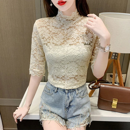 Women Stretch Turtleneck Petal Sleeve Shirt Women Blue Green White Black Flowers Lace T Shirt Ladies S-2XL Tops Fashion Ladies