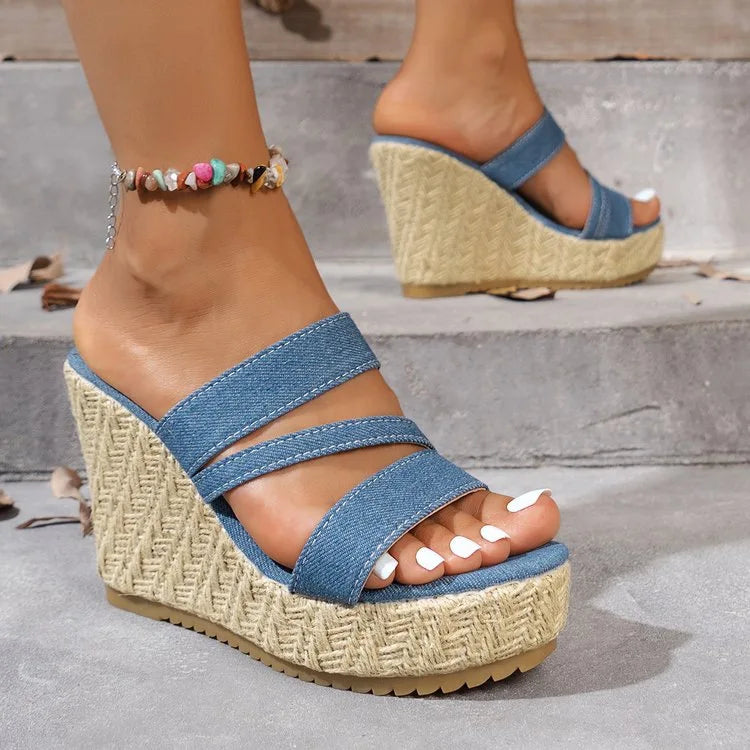 2025 Summer NewPlus-size Wedge Sandal Lady Cowboy Simple Commuting Muffin Bottom Summer Slope with Sandals Women High Heels