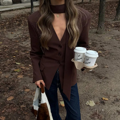 Slim Lace Up Asymmetrical Blazer Women Chic V-neck Single Breasted Full Sleeve Jacket Female 2026 Spring Summer Lady Coat
