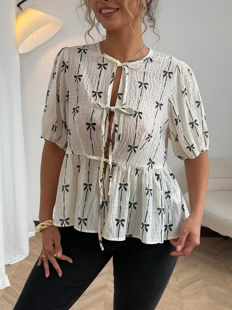 Plus Size Spring/Summer New Arrivals Romantic Holiday Bow-Pattern Puff Sleeve Tie-Front Blouse Casual Wear