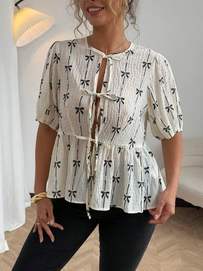 Plus Size Spring/Summer New Arrivals Romantic Holiday Bow-Pattern Puff Sleeve Tie-Front Blouse Casual Wear