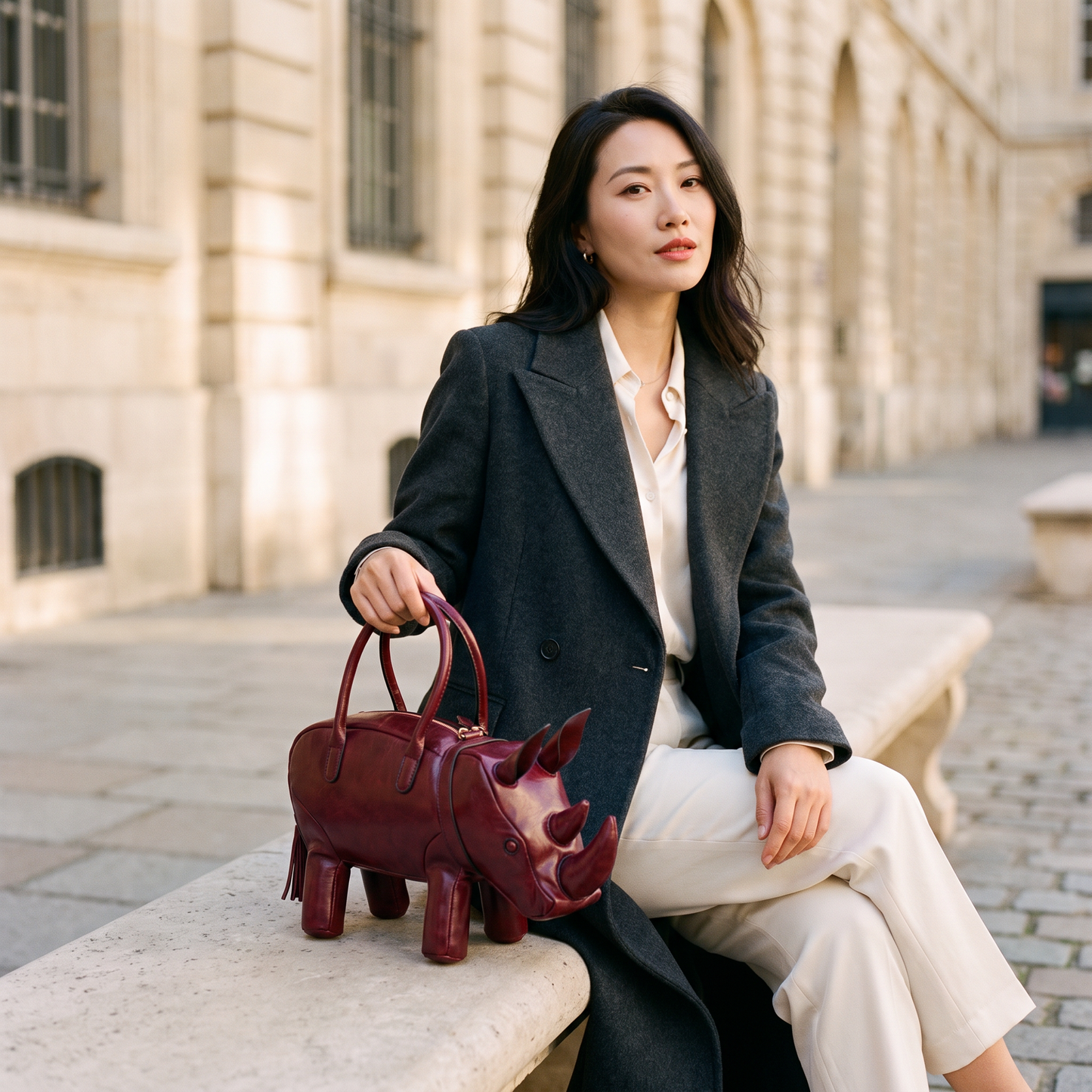 The Savannah Rhino Bag - Red - held by model