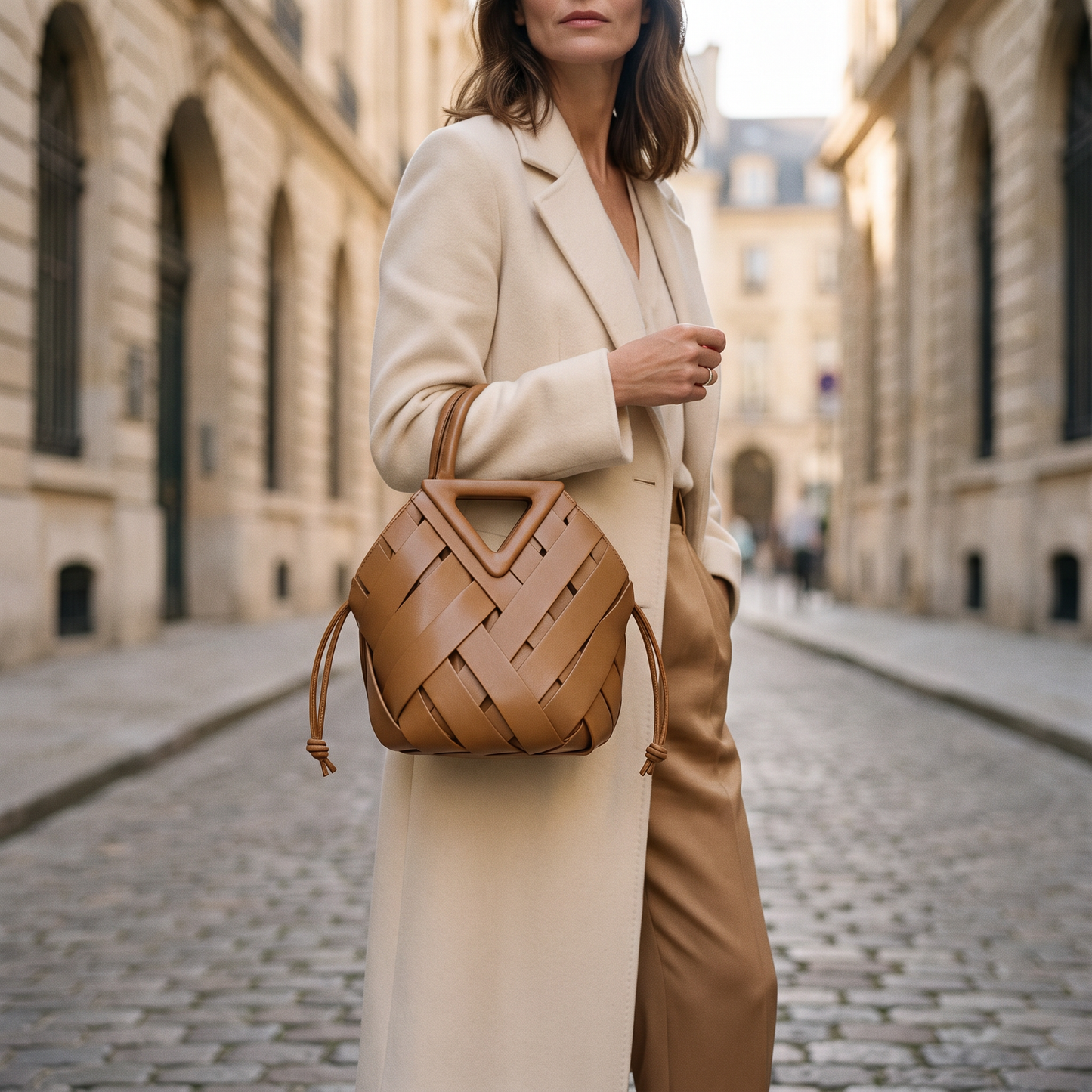 The Portofino Woven Tote worn on a European street, Light Brown