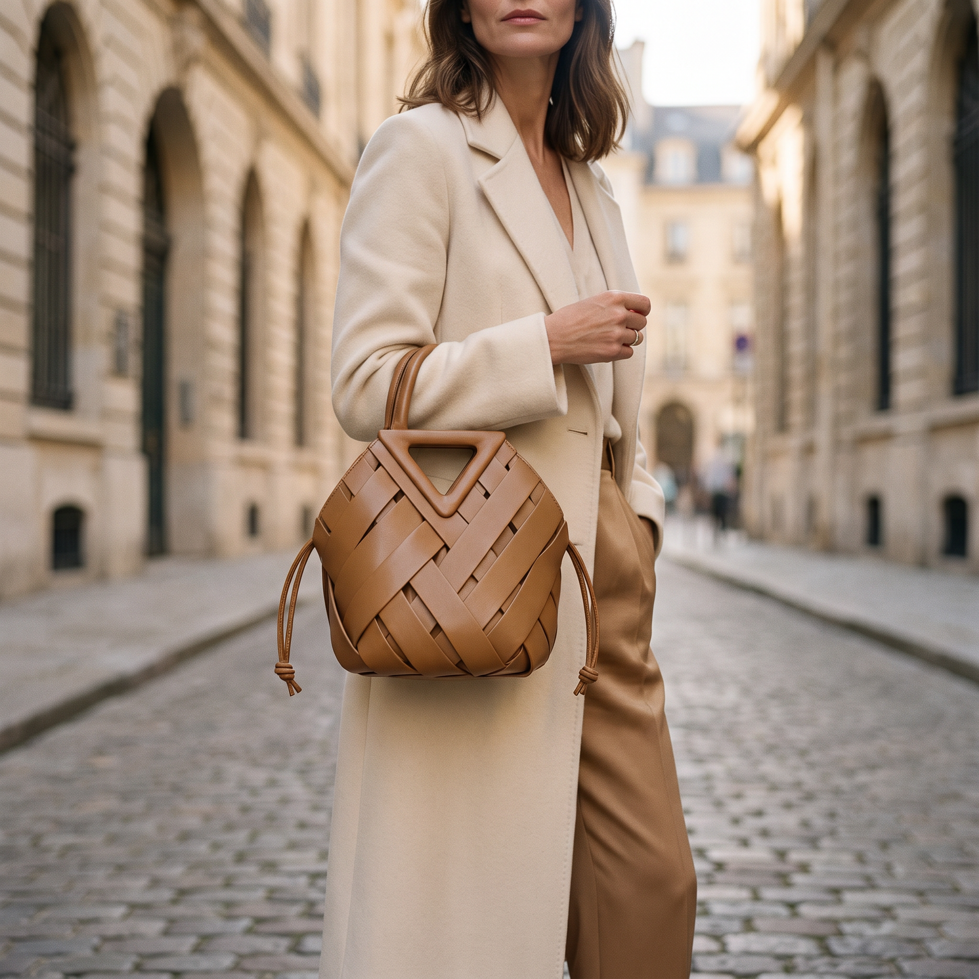 The Portofino Woven Tote worn on a European street, Light Brown
