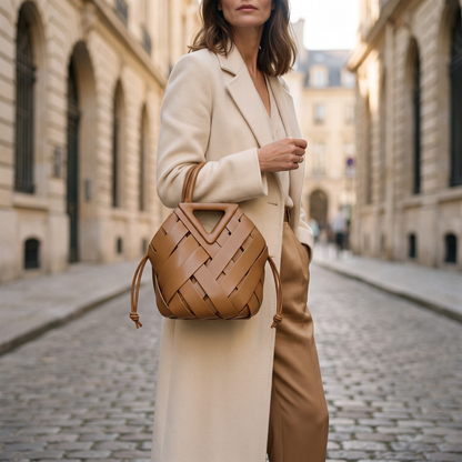 The Portofino Woven Tote worn on a European street, Light Brown