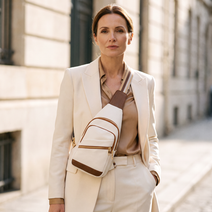 The Amalfi Sling Bag - White with Brown - worn