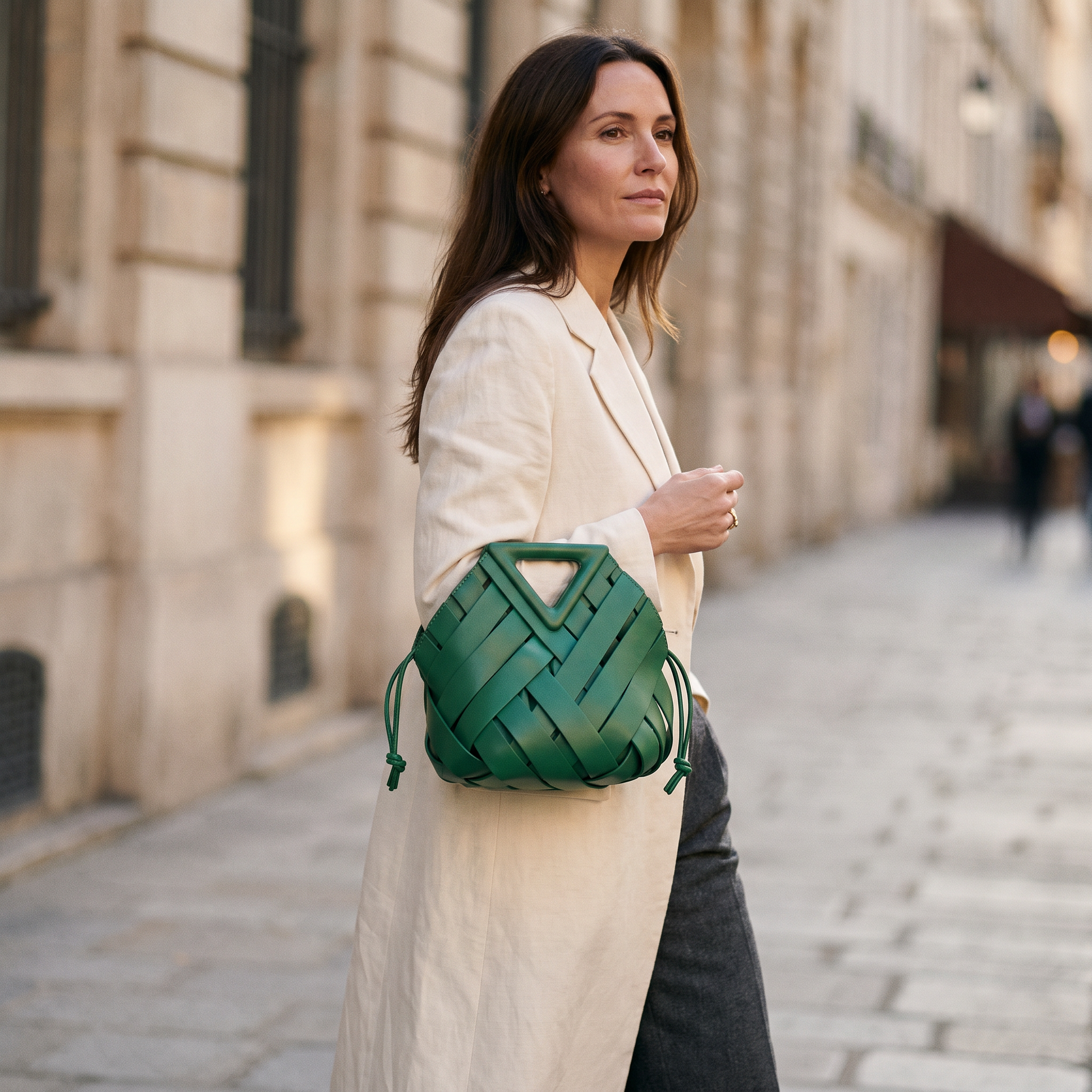 The Portofino Woven Tote worn on a European street, Green